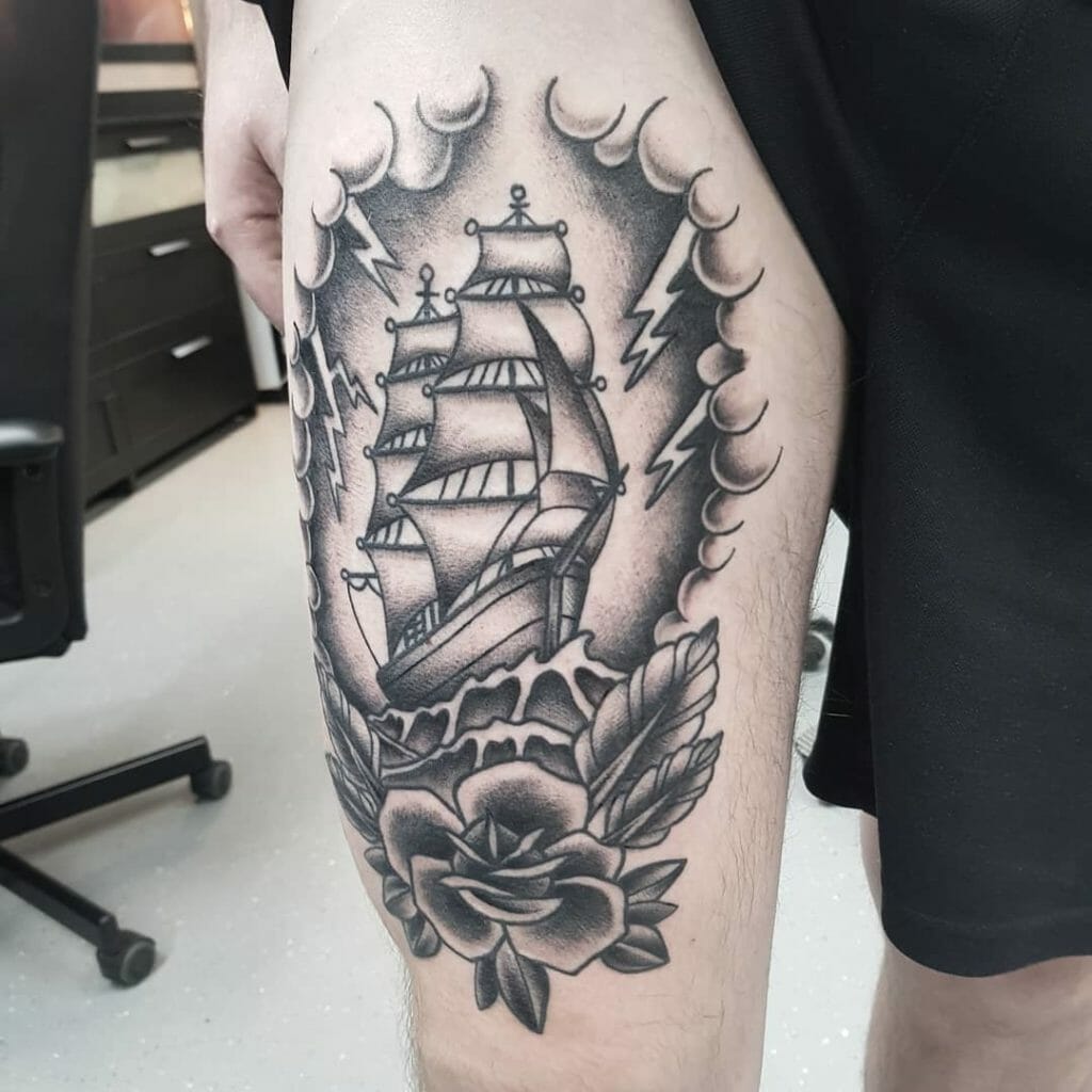 Ship tattoo on thigh for men