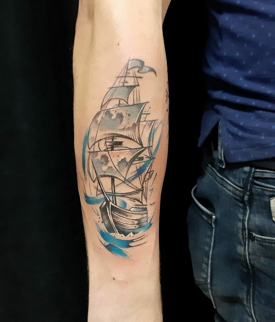 Ship tattoo on forearm for men